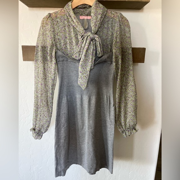 Anna Maria| Feminine Sheer Floral Dress with Knit Gray Combo••Ditsy Floral Print - Picture 5 of 10